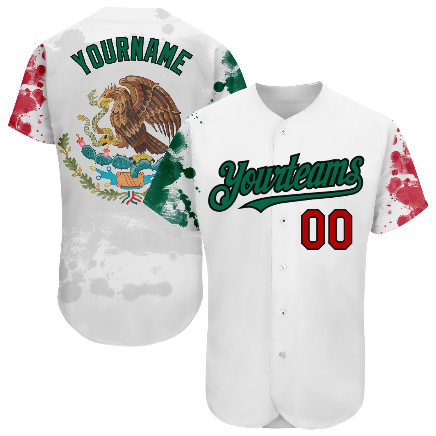 Custom White Red Kelly Green-Black 3D Mexican Flag Grunge Design Authentic Baseball Jersey baseball jersey product view 1