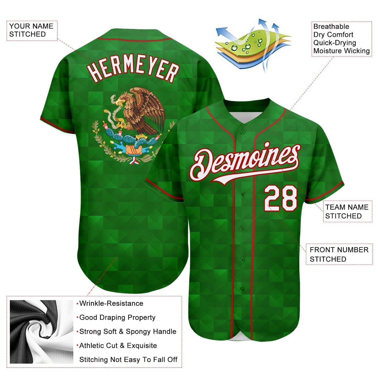 Custom Kelly Green White-Red 3D Mexico Authentic Baseball Jersey baseball jersey product view 3