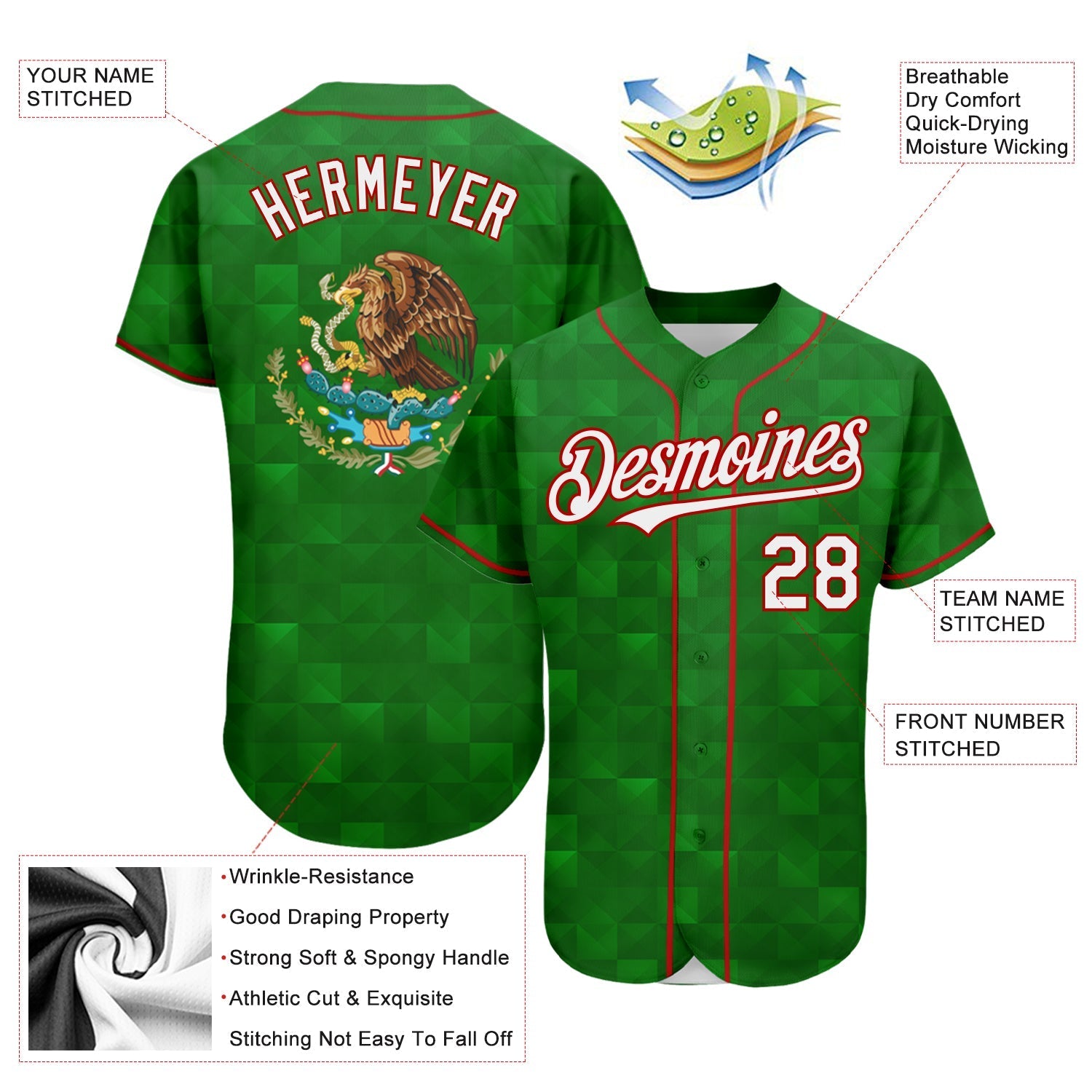 Custom Kelly Green White-Red 3D Mexico Authentic Baseball Jersey baseball jersey product view 3