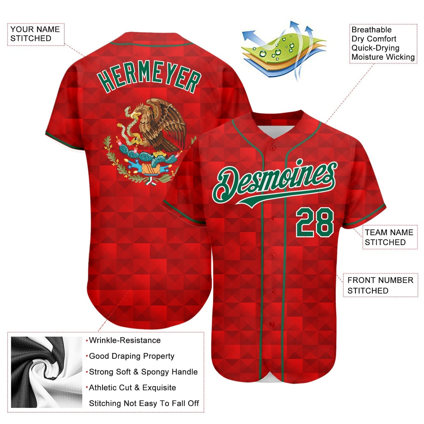 Custom Red Kelly Green-White 3D Mexico Authentic Baseball Jersey baseball jersey product view 3