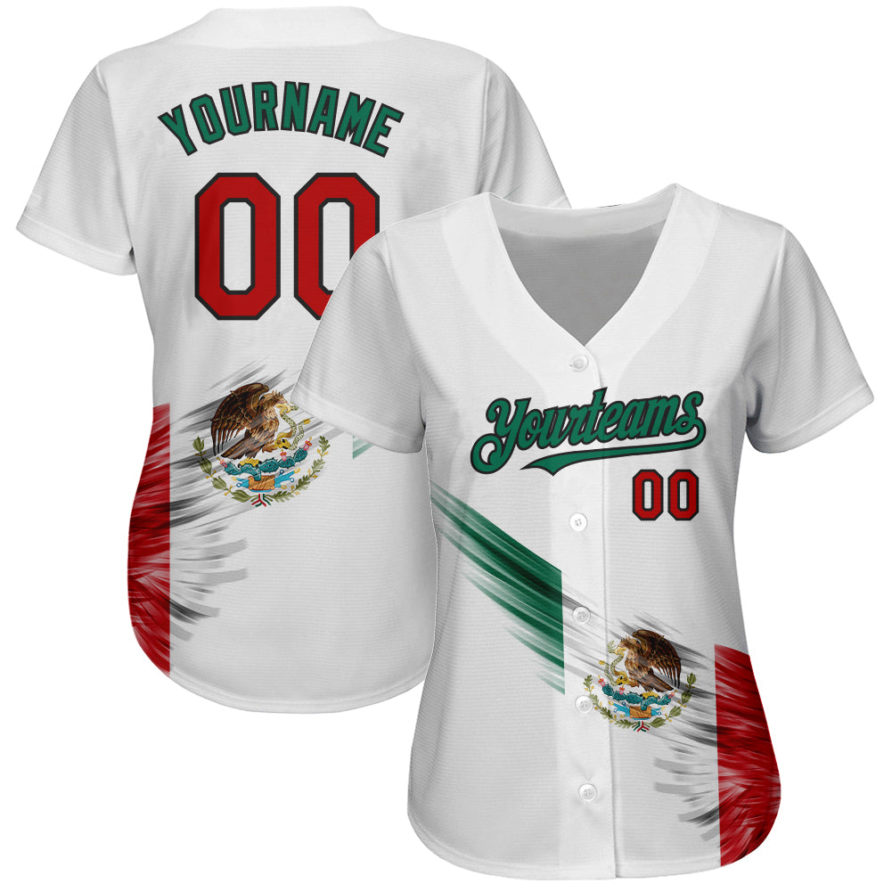 Custom White Red Kelly Green-Black 3D The Abstract Wing With Mexican Flag Authentic Baseball Jersey baseball jersey product view 2