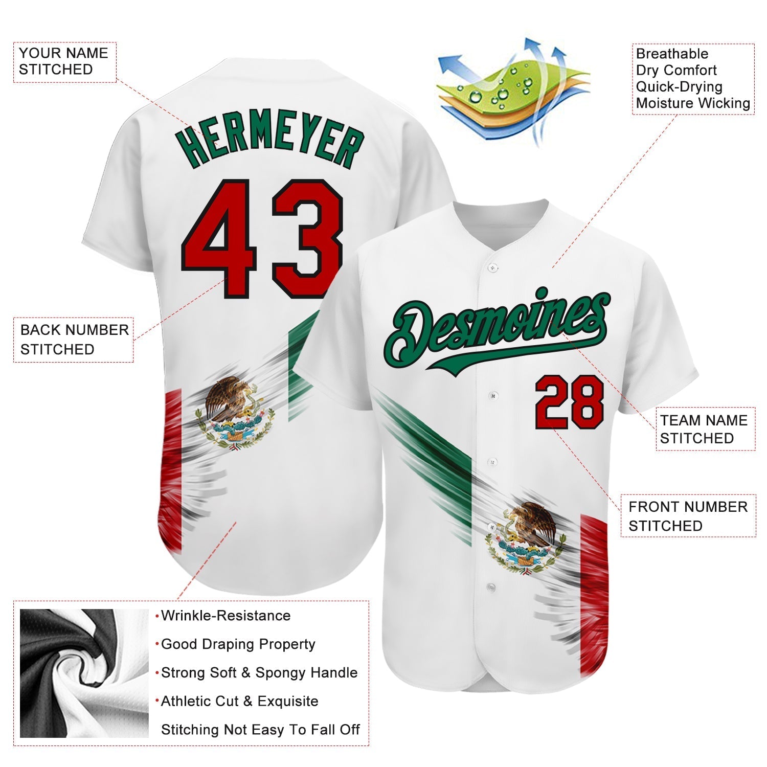Custom White Red Kelly Green-Black 3D The Abstract Wing With Mexican Flag Authentic Baseball Jersey baseball jersey product view 3