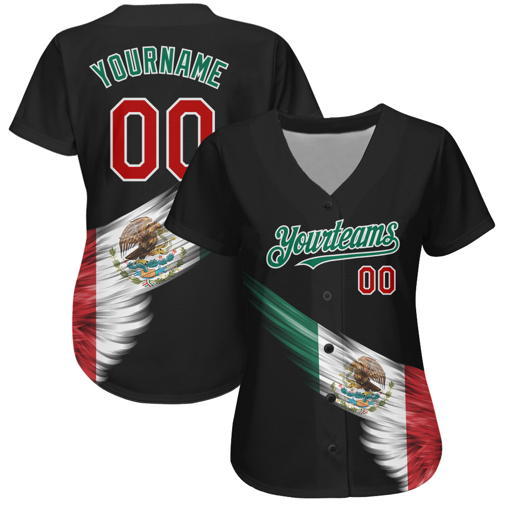 Custom Black Red-Kelly Green 3D The Abstract Wing With Mexican Flag Authentic Baseball Jersey baseball jersey product view 3