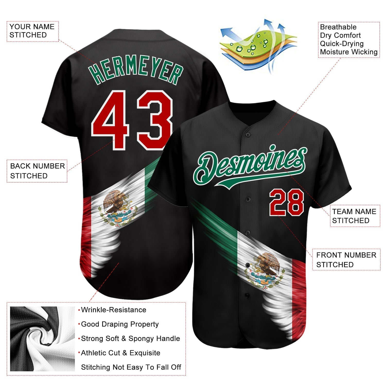 Custom Black Red-Kelly Green 3D The Abstract Wing With Mexican Flag Authentic Baseball Jersey baseball jersey product view 4