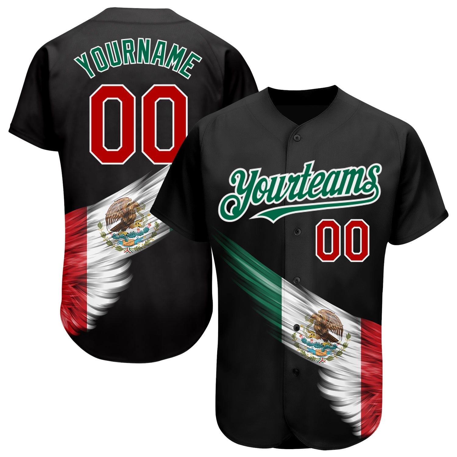 Custom Black Red-Kelly Green 3D The Abstract Wing With Mexican Flag Authentic Baseball Jersey baseball jersey product view 1