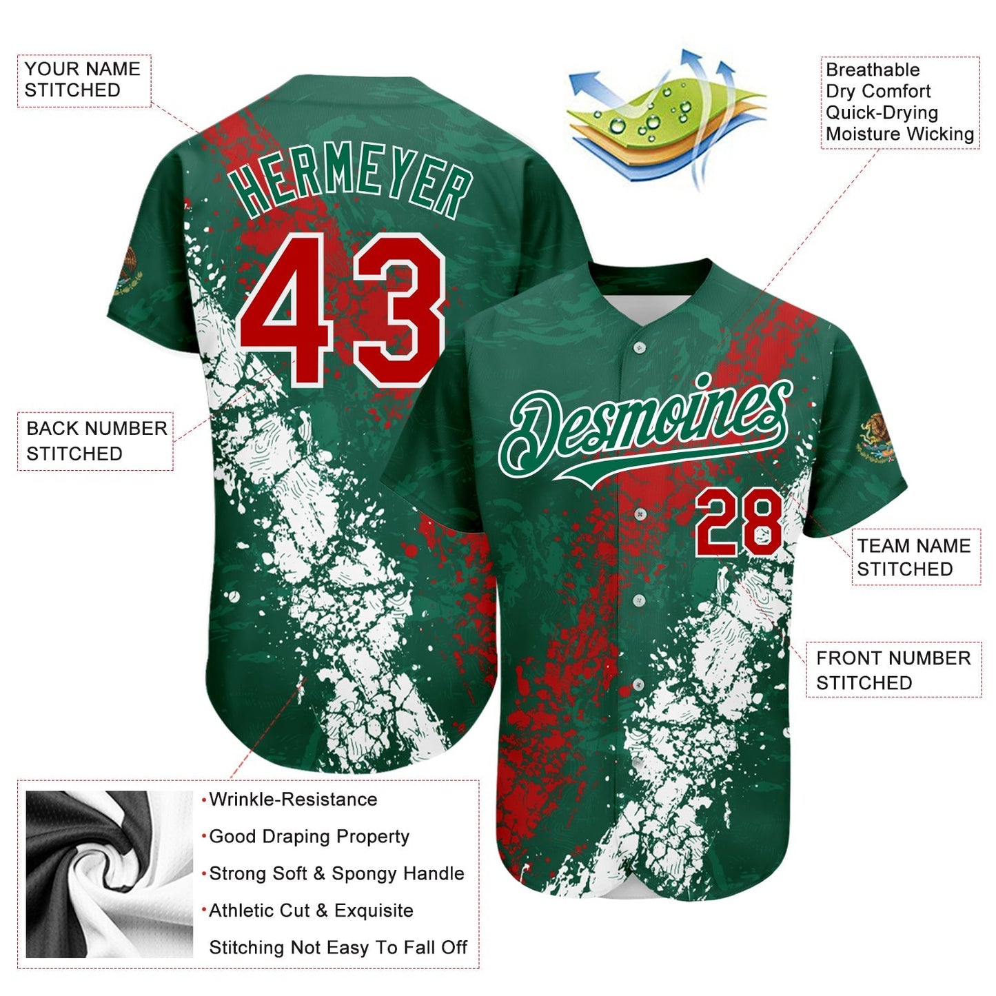 Custom Kelly Green Red-White 3D Mexico Authentic Baseball Jersey baseball jersey product view 3
