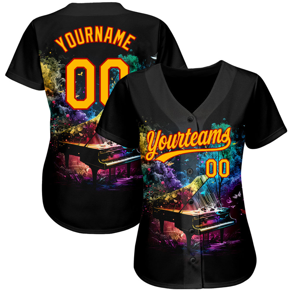 Custom Black Gold-Red 3D Pattern Design Music Festival Piano With Colorful Smoke Authentic Baseball Jersey baseball jersey product view 2
