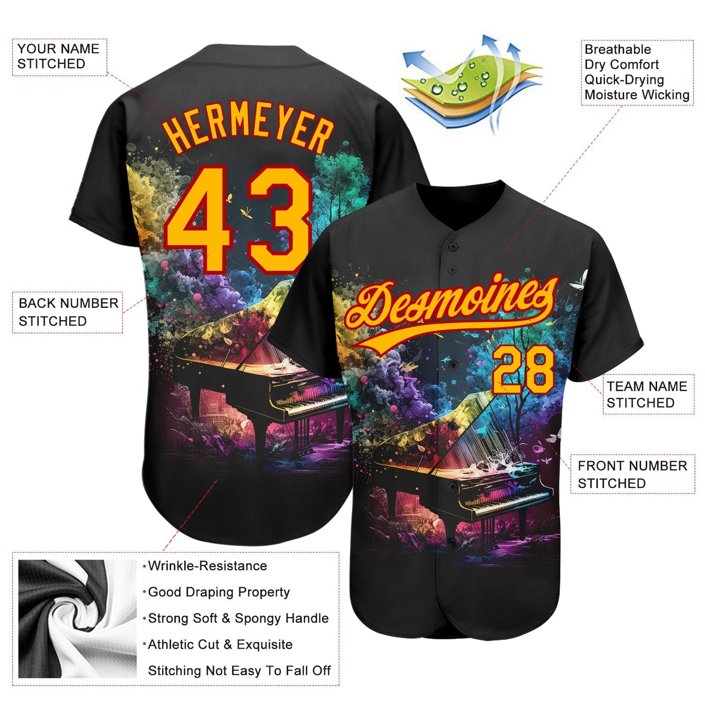 Custom Black Gold-Red 3D Pattern Design Music Festival Piano With Colorful Smoke Authentic Baseball Jersey baseball jersey product view 3