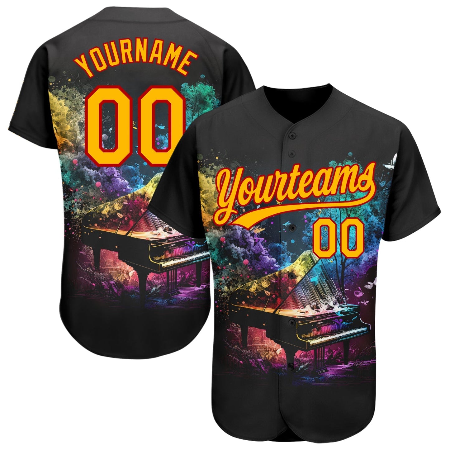 Custom Black Gold-Red 3D Pattern Design Music Festival Piano With Colorful Smoke Authentic Baseball Jersey baseball jersey product view 1