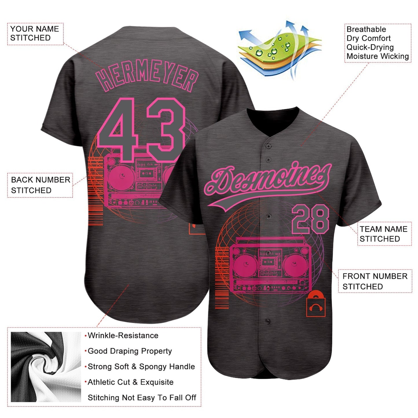Custom Steel Gray Pink 3D Pattern Design Music Festival Old School Music Authentic Baseball Jersey baseball jersey product view 3