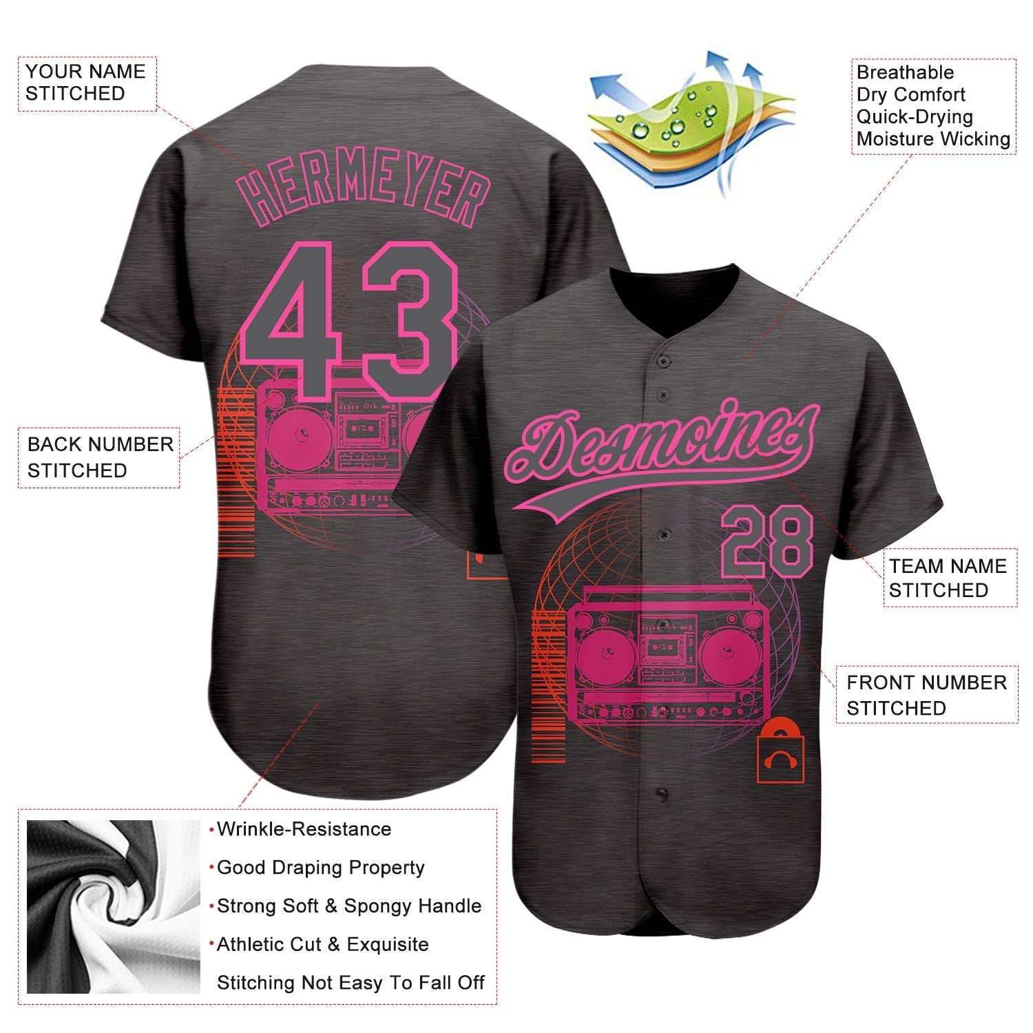 Custom Steel Gray Pink 3D Pattern Design Music Festival Old School Music Authentic Baseball Jersey baseball jersey product view 3