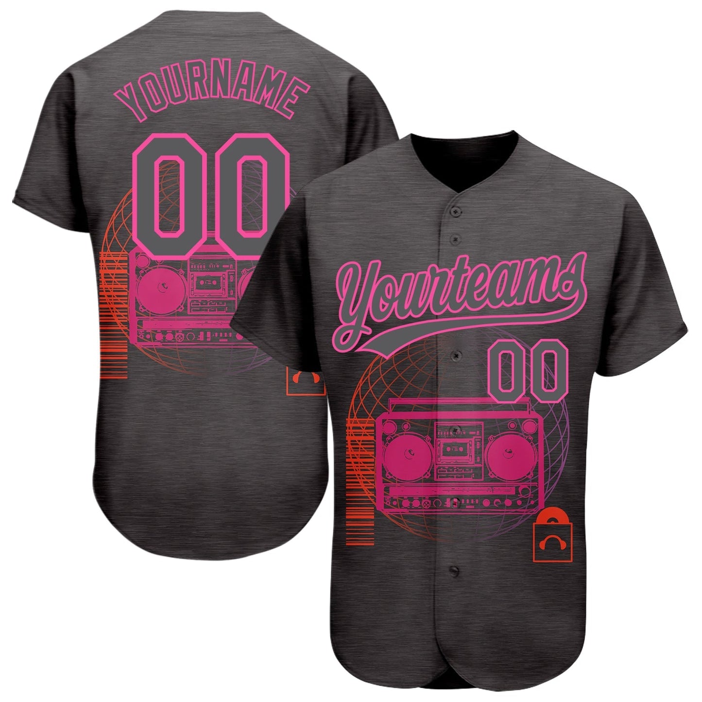 Custom Steel Gray Pink 3D Pattern Design Music Festival Old School Music Authentic Baseball Jersey baseball jersey product view 1