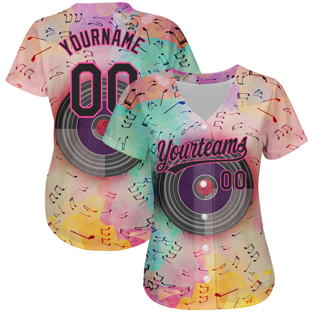 Custom Pink Black 3D Pattern Design Music Festival Watercolor Colored Musical Notes Authentic Baseball Jersey baseball jersey product view 2