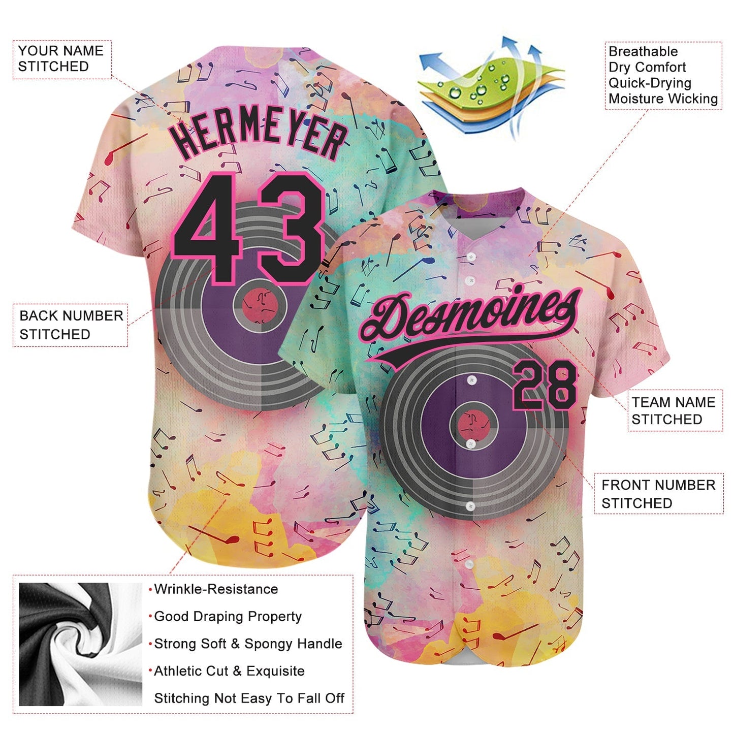 Custom Pink Black 3D Pattern Design Music Festival Watercolor Colored Musical Notes Authentic Baseball Jersey baseball jersey product view 3