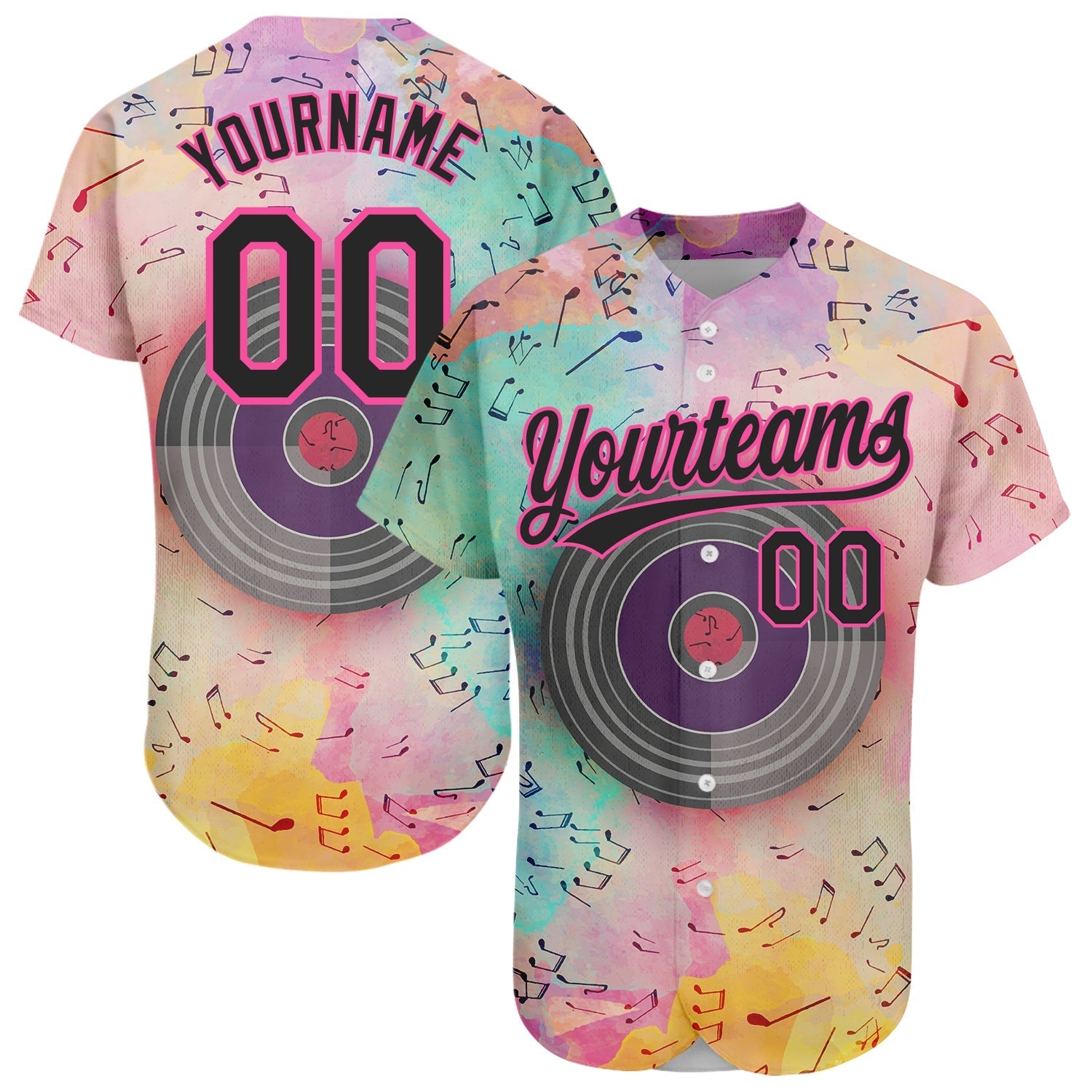 Custom Pink Black 3D Pattern Design Music Festival Watercolor Colored Musical Notes Authentic Baseball Jersey baseball jersey product view 1