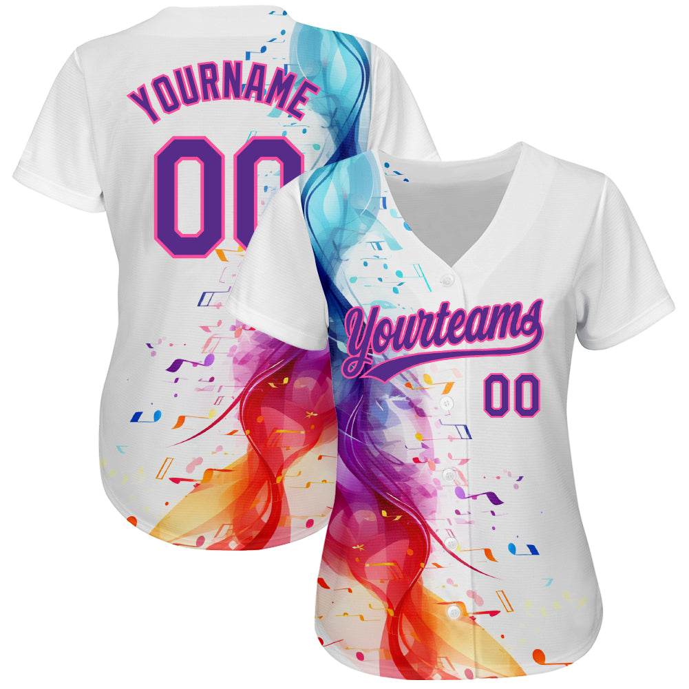 Custom White Purple-Pink 3D Pattern Design Music Festival Colorful Musical Notes Authentic Baseball Jersey baseball jersey product view 2