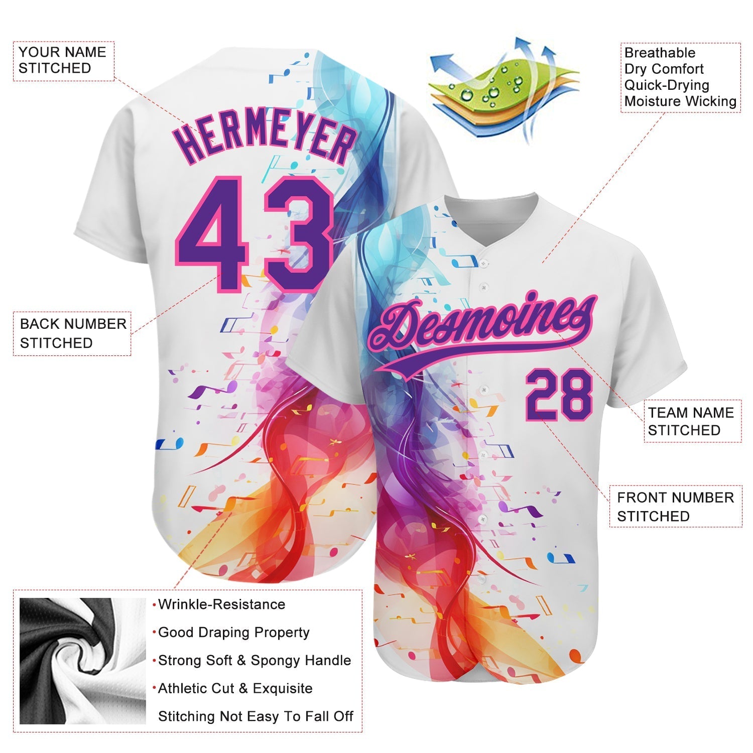 Custom White Purple-Pink 3D Pattern Design Music Festival Colorful Musical Notes Authentic Baseball Jersey baseball jersey product view 3