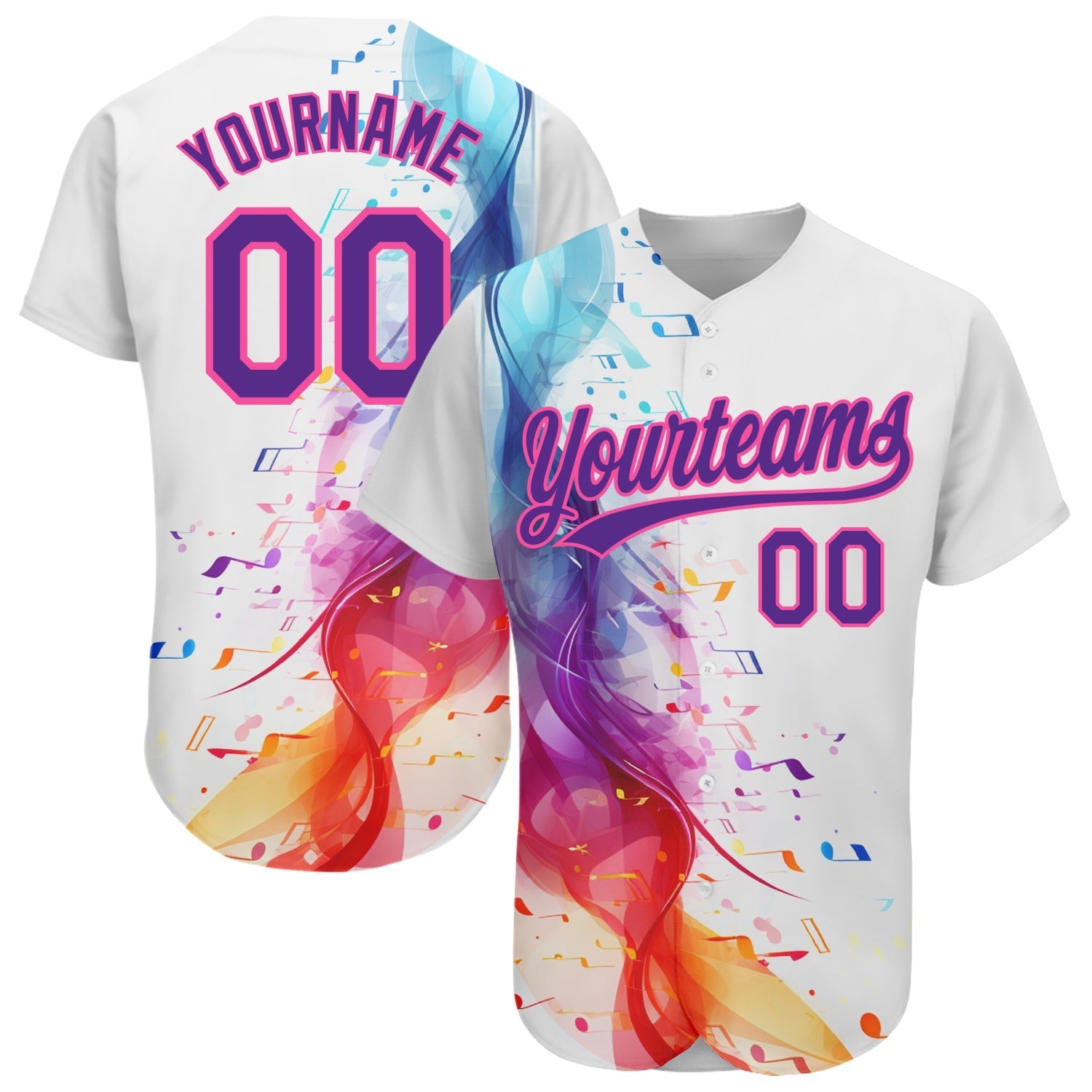 Custom White Purple-Pink 3D Pattern Design Music Festival Colorful Musical Notes Authentic Baseball Jersey baseball jersey product view 1