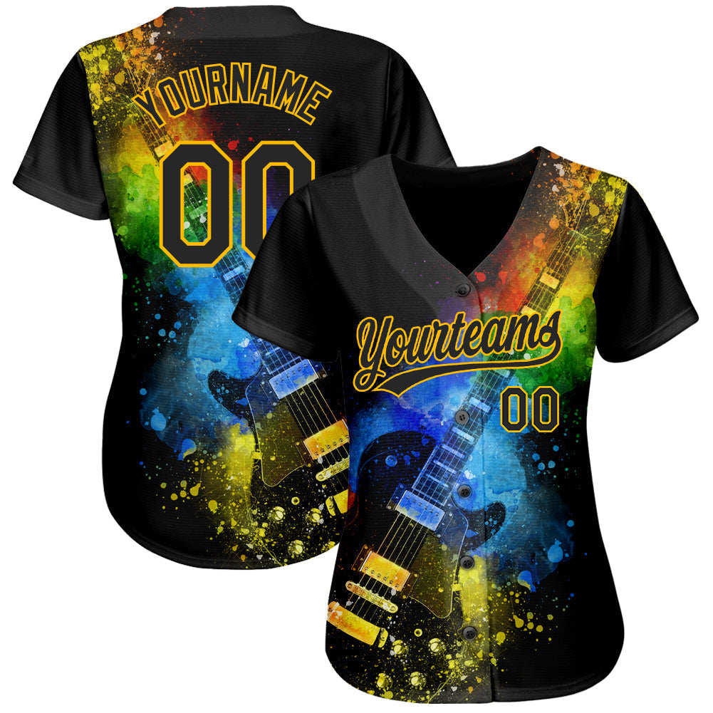 Custom Black Gold 3D Pattern Design Music Festival Guitar With Psychedelic Colors Authentic Baseball Jersey baseball jersey product view 2