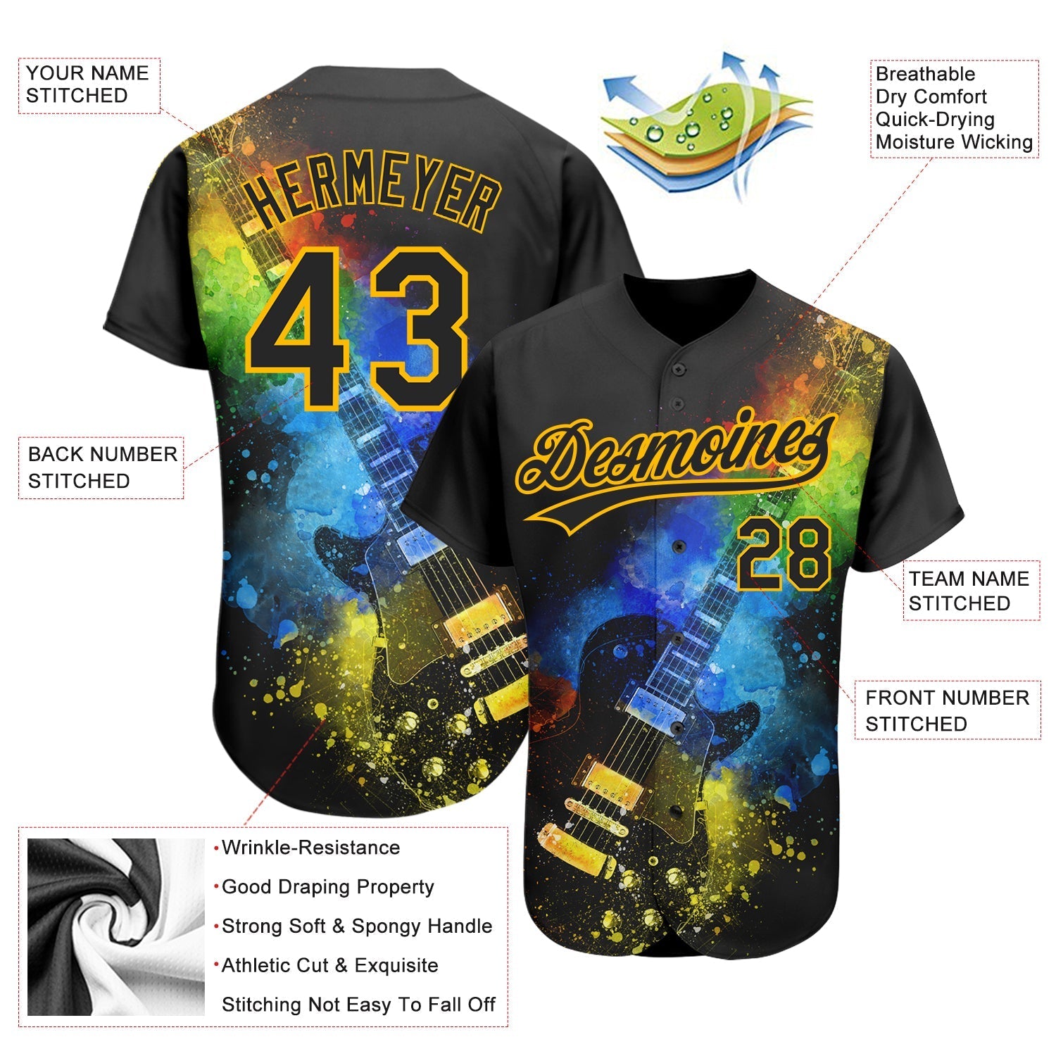 Custom Black Gold 3D Pattern Design Music Festival Guitar With Psychedelic Colors Authentic Baseball Jersey baseball jersey product view 3
