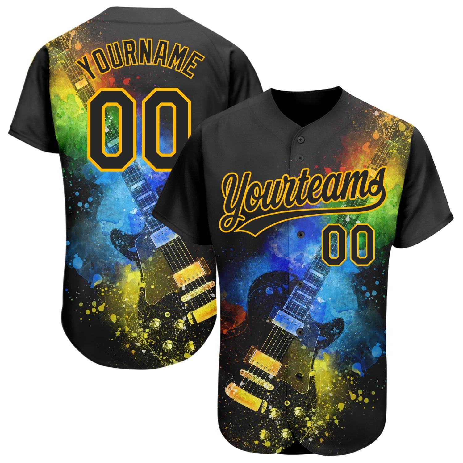 Custom Black Gold 3D Pattern Design Music Festival Guitar With Psychedelic Colors Authentic Baseball Jersey baseball jersey product view 1