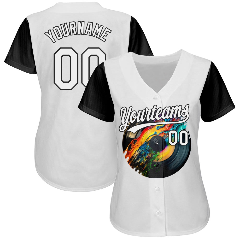 Custom White Black 3D Pattern Design Music Festival Record With Colorful Splatter Authentic Baseball Jersey baseball jersey product view 2