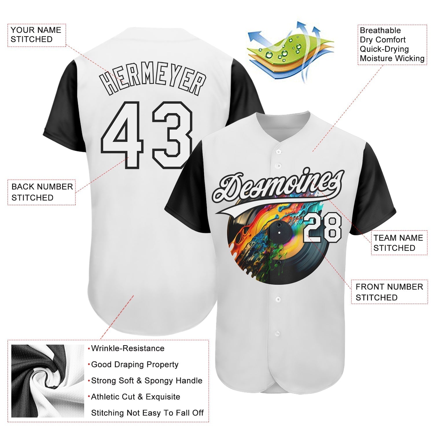 Custom White Black 3D Pattern Design Music Festival Record With Colorful Splatter Authentic Baseball Jersey baseball jersey product view 3
