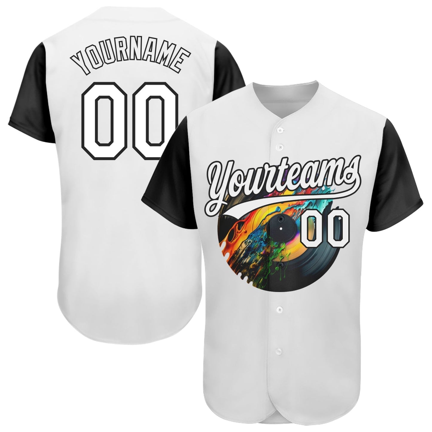 Custom White Black 3D Pattern Design Music Festival Record With Colorful Splatter Authentic Baseball Jersey baseball jersey product view 1