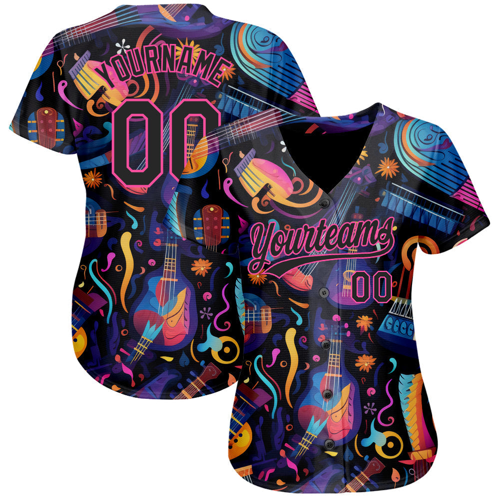 Custom Black Pink 3D Pattern Design Music Festival Musical Instruments Authentic Baseball Jersey baseball jersey product view 2
