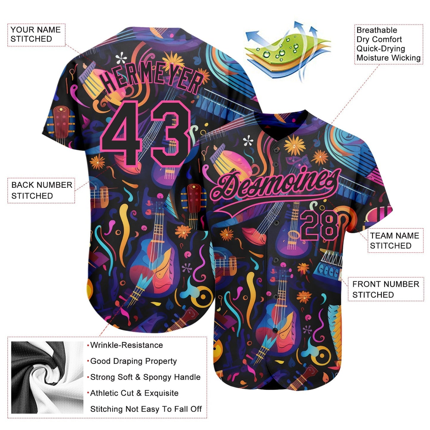 Custom Black Pink 3D Pattern Design Music Festival Musical Instruments Authentic Baseball Jersey baseball jersey product view 3