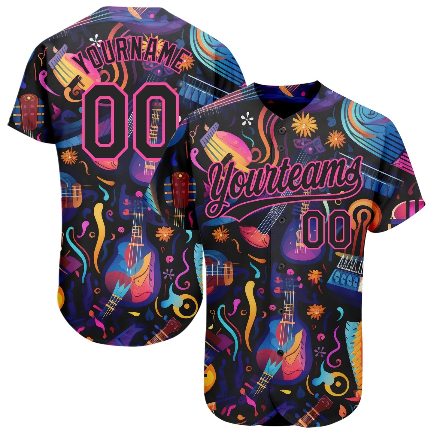 Custom Black Pink 3D Pattern Design Music Festival Musical Instruments Authentic Baseball Jersey baseball jersey product view 1