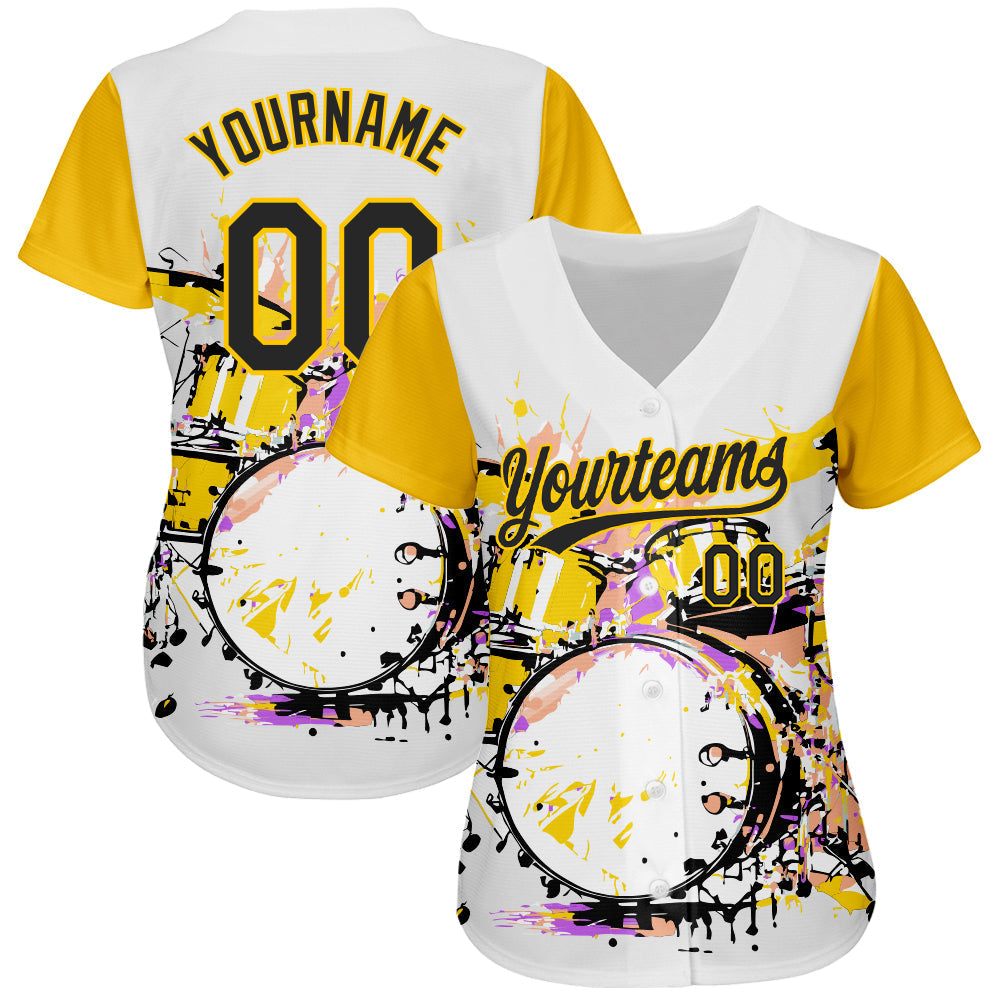 Custom White Black-Yellow 3D Pattern Design Music Festival Abstract Drum Set In Splash Authentic Baseball Jersey baseball jersey product view 2