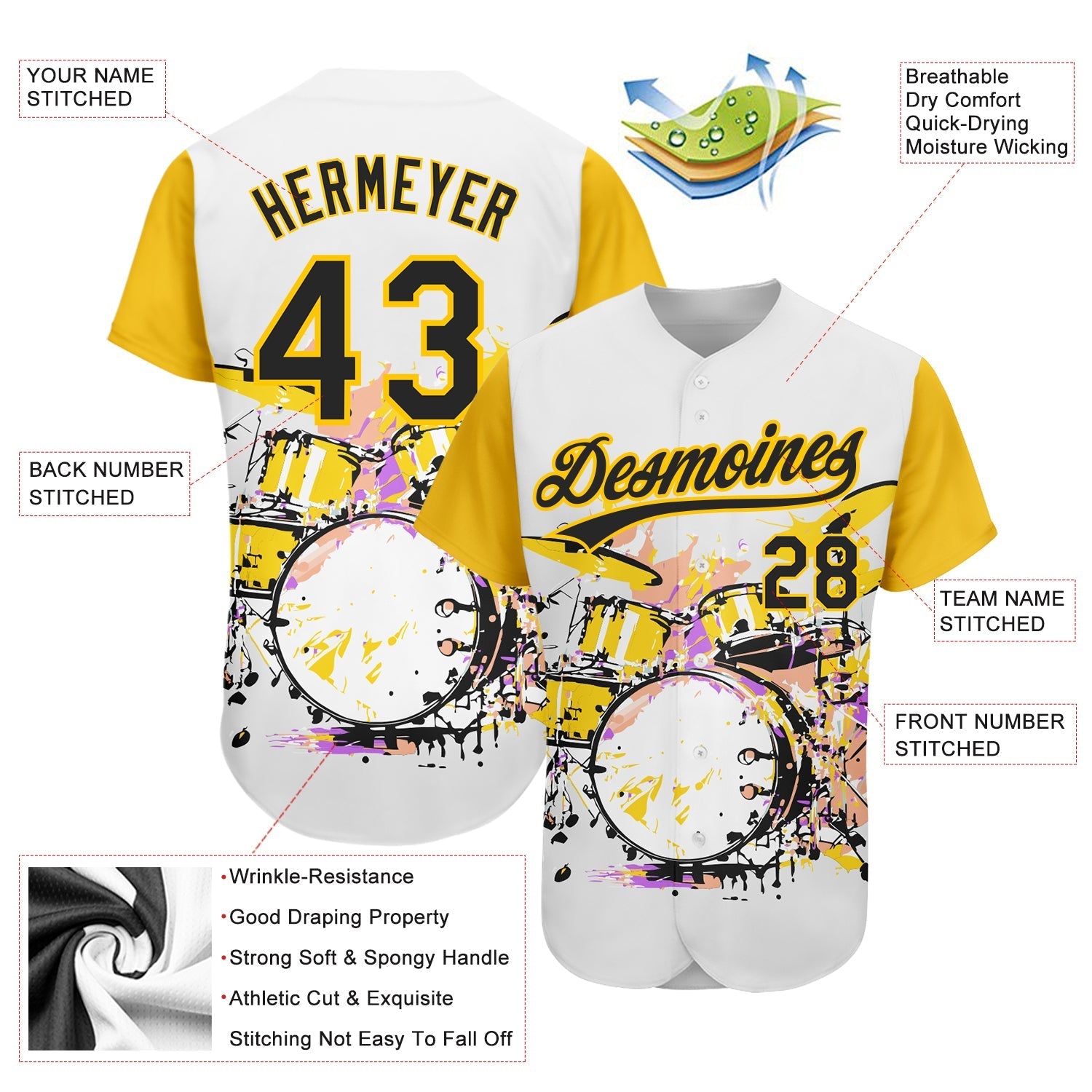 Custom White Black-Yellow 3D Pattern Design Music Festival Abstract Drum Set In Splash Authentic Baseball Jersey baseball jersey product view 3