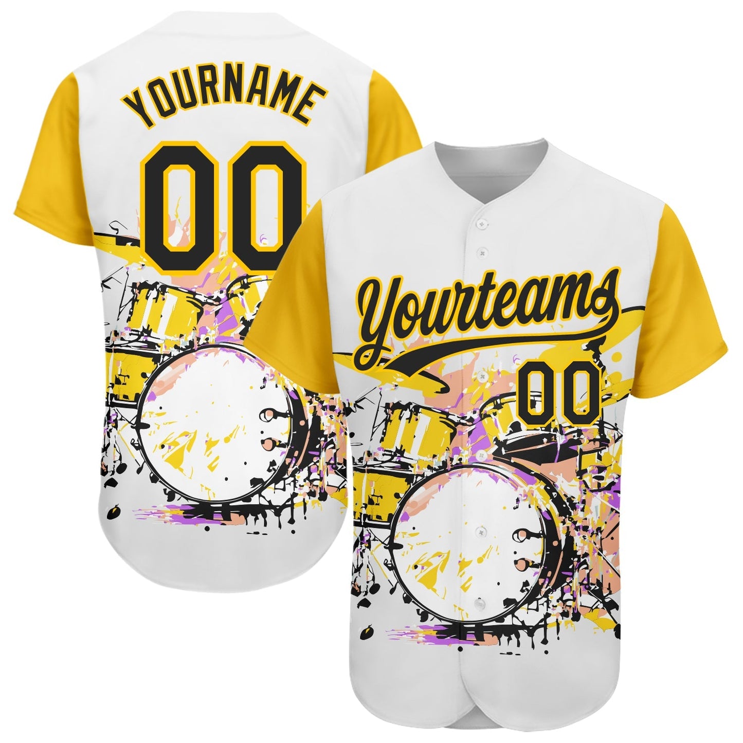Custom White Black-Yellow 3D Pattern Design Music Festival Abstract Drum Set In Splash Authentic Baseball Jersey baseball jersey product view 1