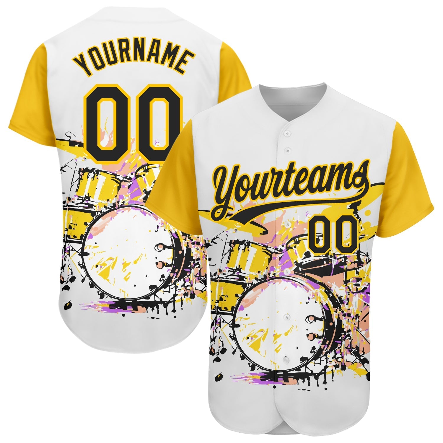 Custom White Black-Yellow 3D Pattern Design Music Festival Abstract Drum Set In Splash Authentic Baseball Jersey baseball jersey product view 1