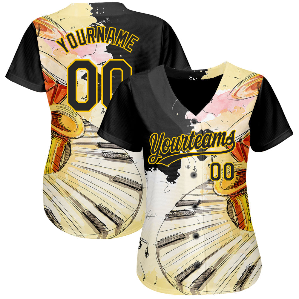 Custom White Black-Yellow 3D Pattern Design Music Festival Watercolor International Jazz Day Authentic Baseball Jersey baseball jersey product view 2