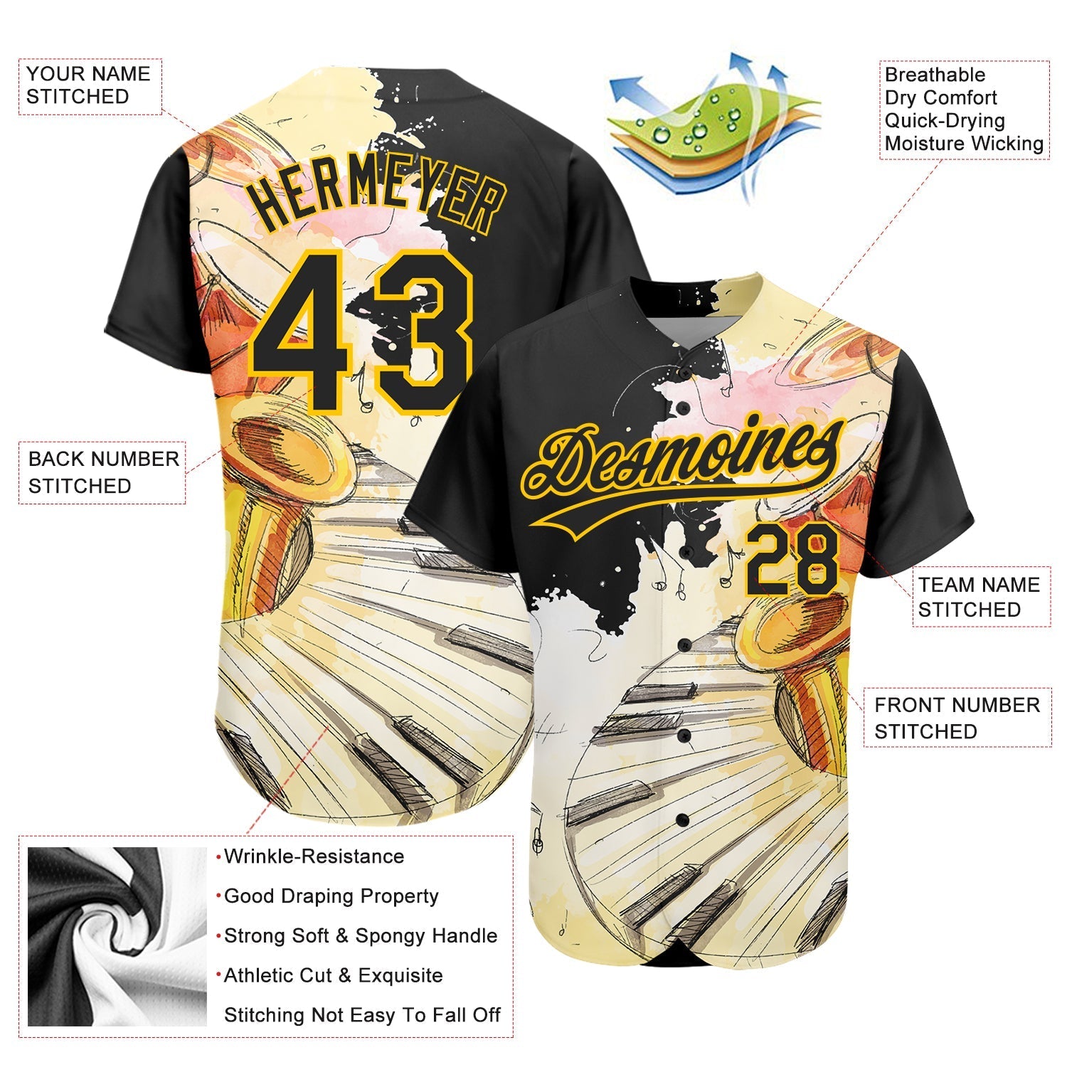 Custom White Black-Yellow 3D Pattern Design Music Festival Watercolor International Jazz Day Authentic Baseball Jersey baseball jersey product view 3