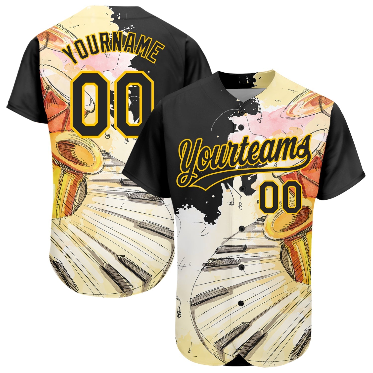 Custom White Black-Yellow 3D Pattern Design Music Festival Watercolor International Jazz Day Authentic Baseball Jersey baseball jersey product view 1