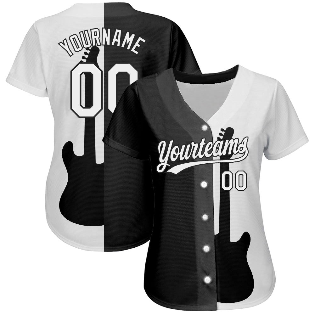 Custom Black White 3D Pattern Design Music Festival Guitar Rock And Roll Authentic Baseball Jersey baseball jersey product view 2
