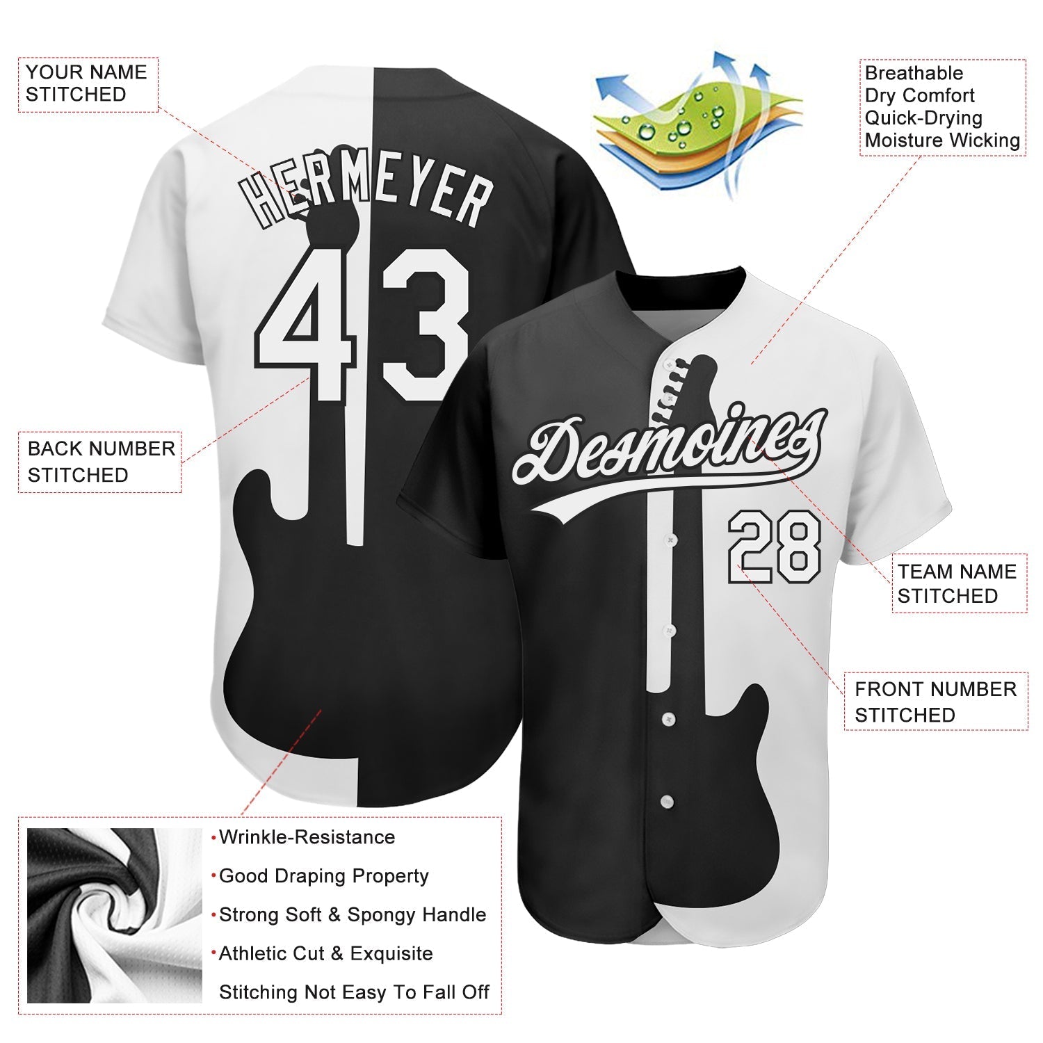 Custom Black White 3D Pattern Design Music Festival Guitar Rock And Roll Authentic Baseball Jersey baseball jersey product view 3