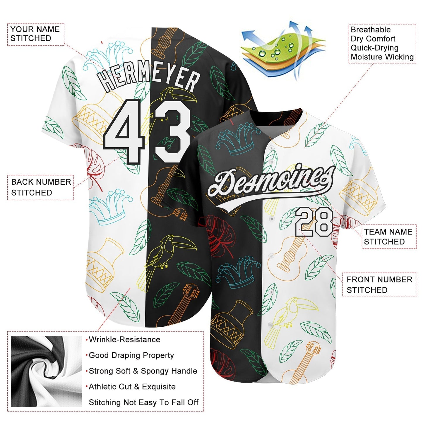 Custom Black White 3D Pattern Design Music Festival Brazilian Carnival Authentic Baseball Jersey baseball jersey product view 3
