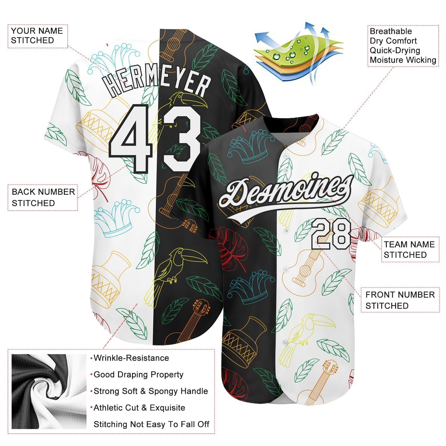 Custom Black White 3D Pattern Design Music Festival Brazilian Carnival Authentic Baseball Jersey baseball jersey product view 3
