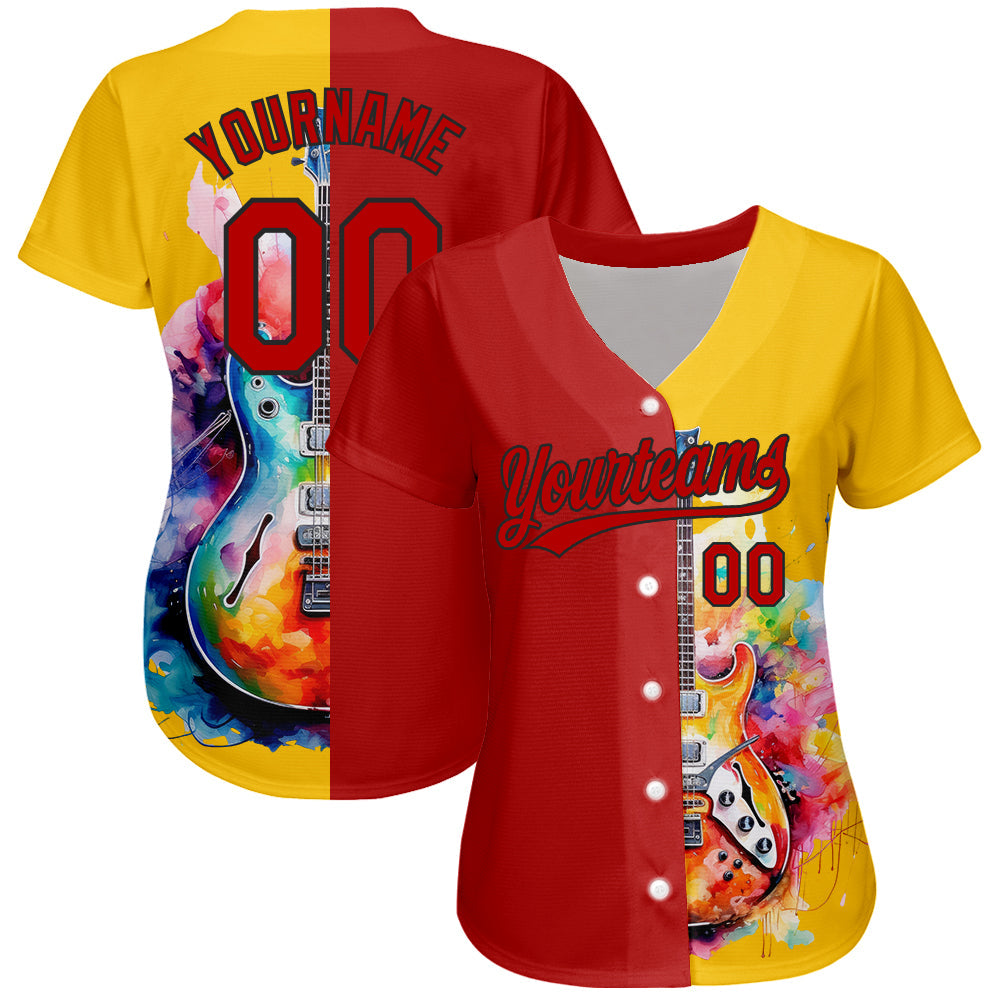 Custom Yellow Red-Black 3D Pattern Design Music Festival Watercolor Guitar Authentic Baseball Jersey baseball jersey product view 2