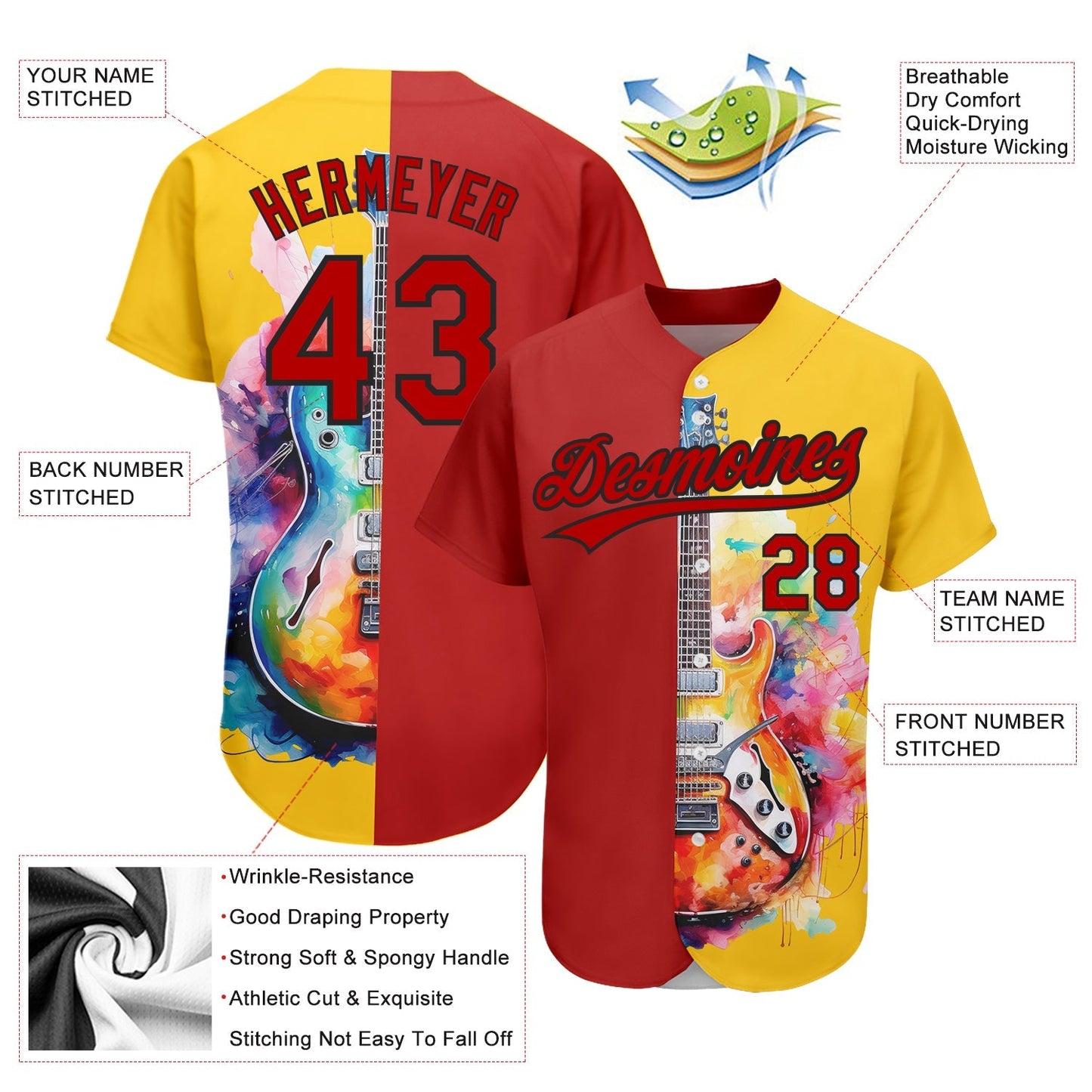 Custom Yellow Red-Black 3D Pattern Design Music Festival Watercolor Guitar Authentic Baseball Jersey baseball jersey product view 3
