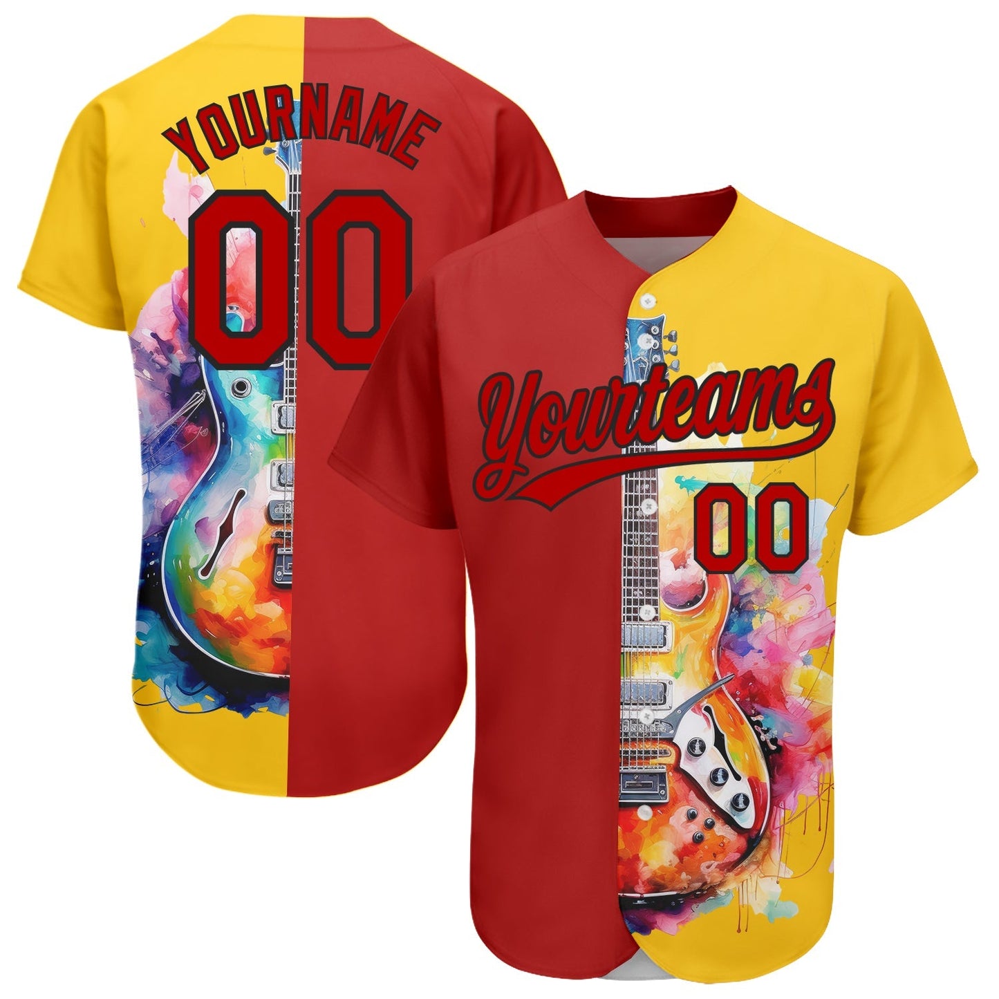 Custom Yellow Red-Black 3D Pattern Design Music Festival Watercolor Guitar Authentic Baseball Jersey baseball jersey product view 1