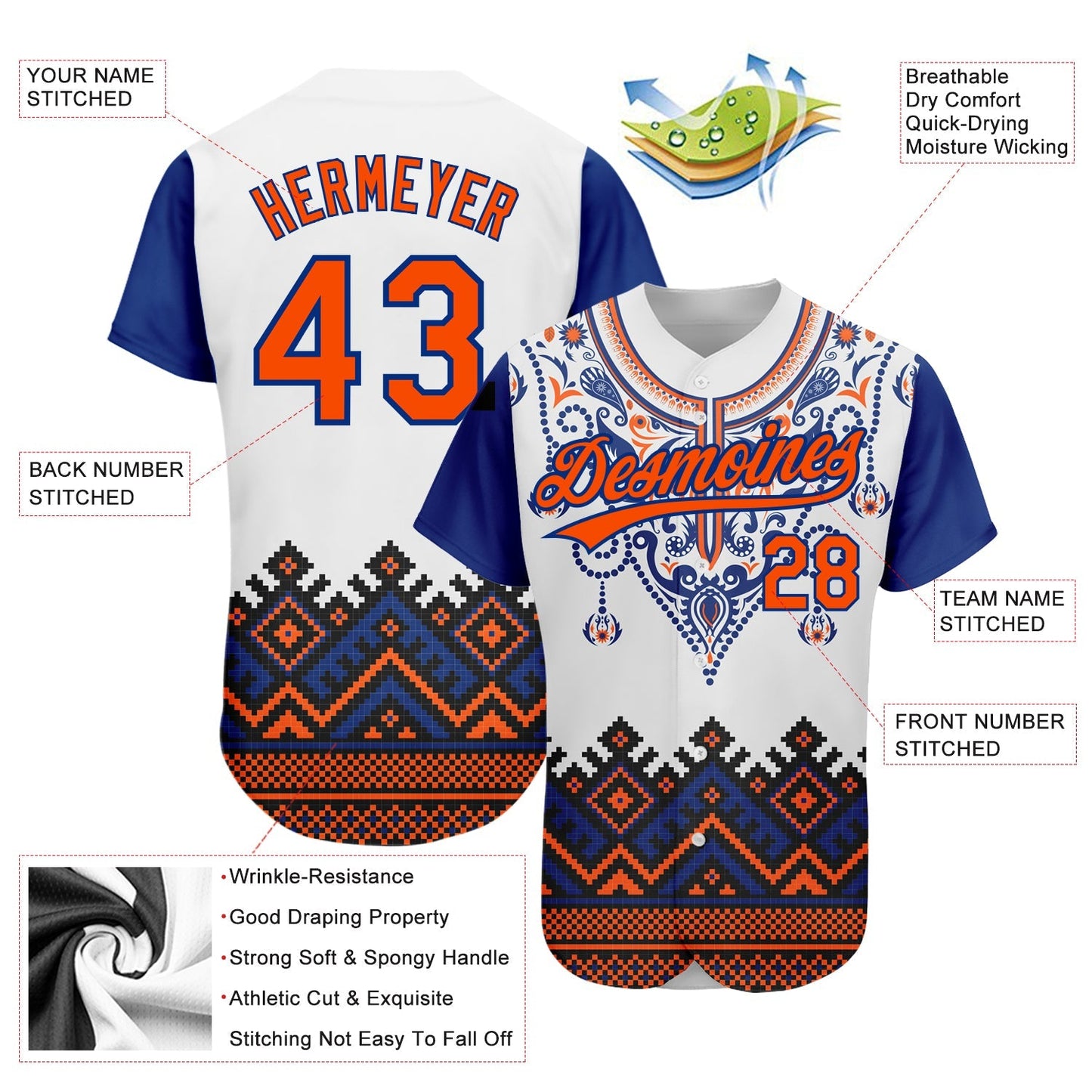 Custom White Orange-Royal 3D Pattern Design Traditional African Ethnic Style Authentic Baseball Jersey baseball jersey product view 2