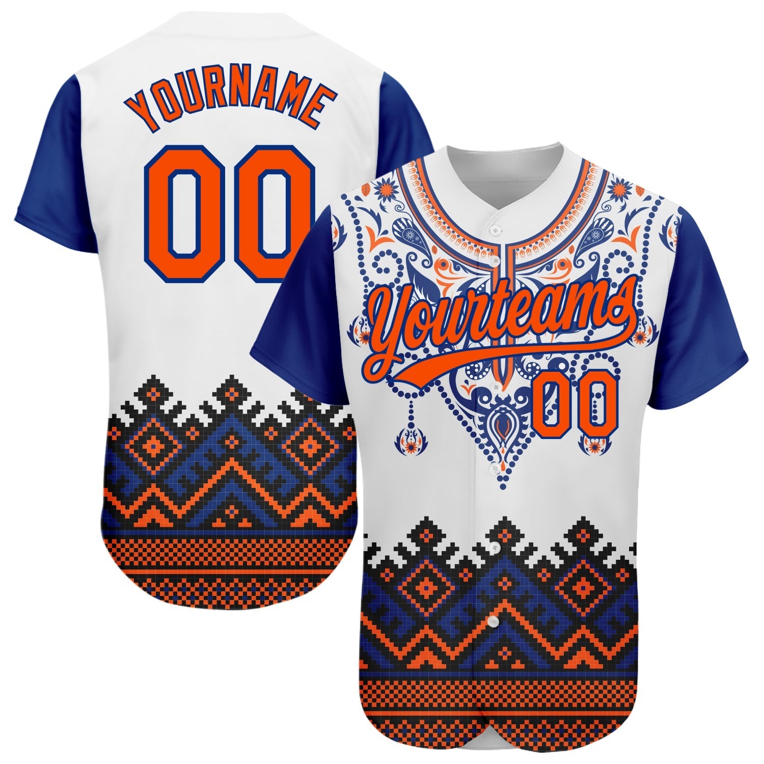 Custom White Orange-Royal 3D Pattern Design Traditional African Ethnic Style Authentic Baseball Jersey baseball jersey product view 1