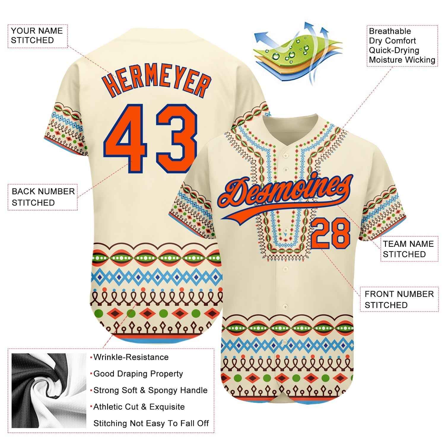 Custom Cream Orange-Royal 3D Pattern Design Traditional African Ethnic Style Authentic Baseball Jersey baseball jersey product view 2