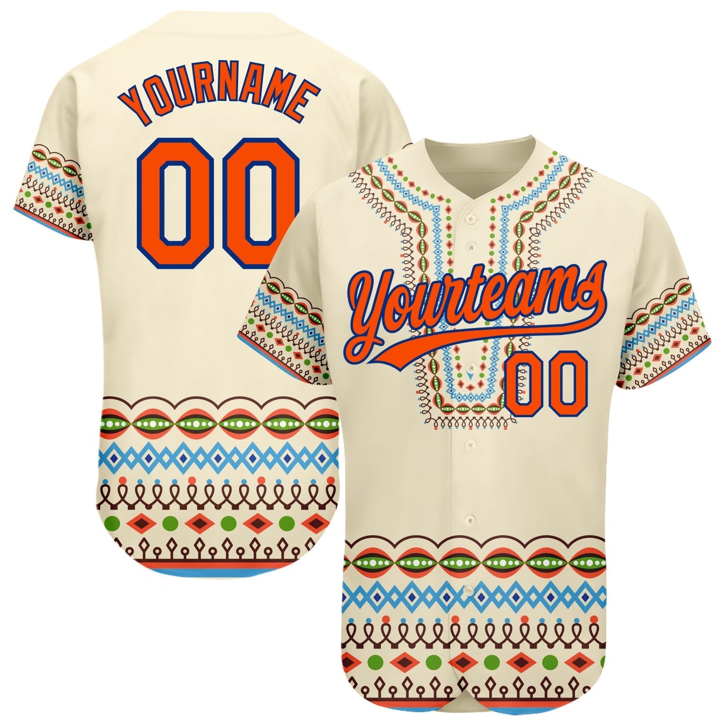 Custom Cream Orange-Royal 3D Pattern Design Traditional African Ethnic Style Authentic Baseball Jersey baseball jersey product view 1