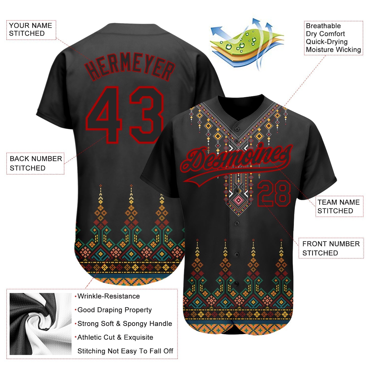 Custom Black Red 3D Pattern Design Traditional African Ethnic Style Authentic Baseball Jersey baseball jersey product view 2